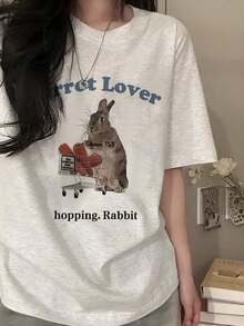 1 Piece, Casual, Everyday Wear, New Release, 1 Piece Of Women's Y2K Style Blue Letter Rabbit Print Short Sleeve T-Shirt, New Summer Fashion, Versatile, Loose, Round Neck, Y2K Graphic Top, Soft. - 黑色 - 查看 5