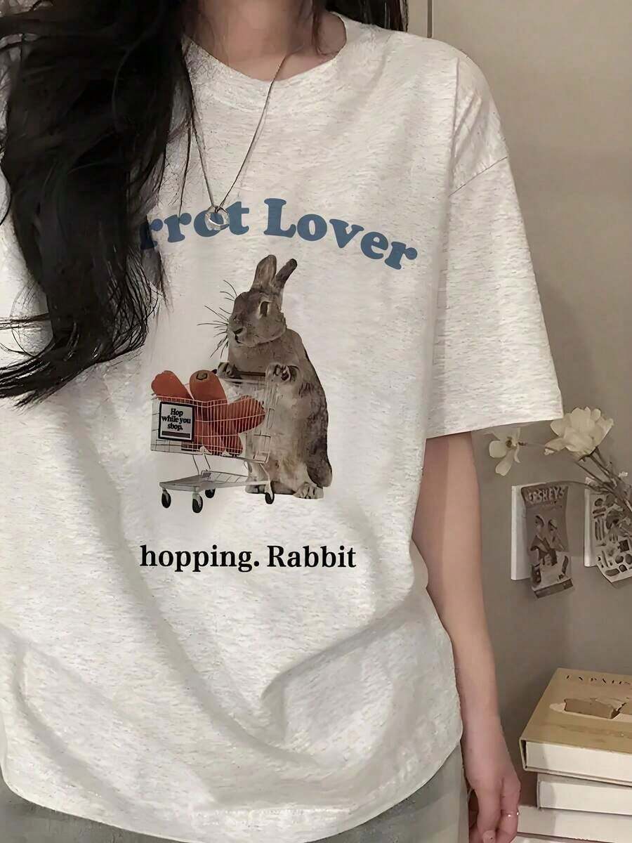 Limited Time Offer, Limited Quantity Available, Lightning , Women's Shirts, Women's T-Shirts, Casual Daily New Release, 1pc Y2K Blue Letter Rabbit Pattern Printed Short Sleeve T-Shirt For Women, New Summer Fashion Versatile Loose Round Neck Y2K Top Graphic Tees - 白色 - 查看 1
