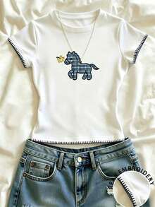 Y2K Style,  Style, The Newest Of 2026, Cute Style, Casual Style. Graphic Tee With Marine Life Print And Color Blocks In Y2K Style For Summer Vacation, For Women, 180g (S-XXXL) - 白色 2 - 查看 3