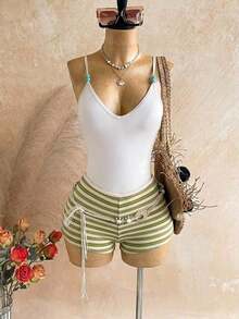1 Pieza Traje de baño de unicolor y 1 Par de Shorts a Rayas, Conjunto de 2 Piezas - Verde - Ver 6