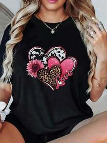 Versatile.1pac.100%Cotton.Womens Cuttie Hearts Print Loose Oversized T-Shirt For Women - Casual Polyester Knit Fabric With Round Neckline, All-Season Comfort, Festive Holiday Top, 1 Piece, 200gsm.Moda Corte - Black - View 5