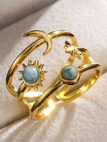 Elegant Adjustable Stainless Steel Ring With Turquoise Inlay - Star, Moon & Sun Design For Women Perfect For Weddings, Parties & Everyday Chic Fashion Jewelry - Gold - View 1