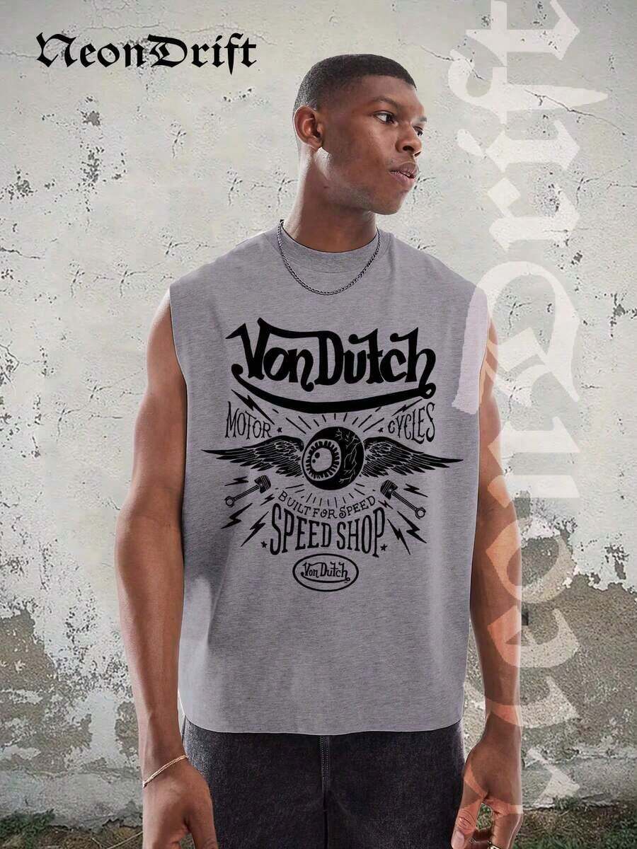 Unisex Summer Tops,NeonDrift Men's Tank Top 100% Cotton Heavyweight Vintage Distressed Washed Sleeveless T-Shirt, 100% Cotton, Soft & Skin-Friendly, Streetwear Style-Van Dutch Motor Cycles Speed Shop Sleeveless Tee Vintage Graphic Design For Men Classic Americana Style Streetwear Biker Culture Fashion Casual Wear Motorcycle Enthusiast GiftLoose And Comfortable Washed Vintage T-Shirt - 灰色 - 查看 1