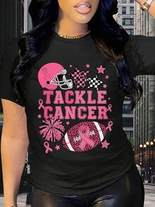Camiseta de rugby para la concientización sobre el cáncer de mama para mujeres - Con diseño de eslogan y cinta rosa, corte holgado informal de manga corta, ropa ligera para el verano, estampado de rugby, prenda lavable a máquina. - Negro - Ver 7