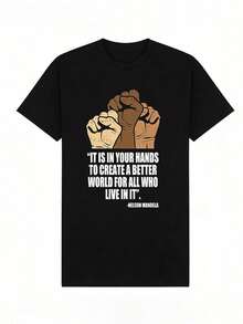 Ropa de verano para mujer, camiseta de algodón suave y casual con cuello redondo, con la frase "ESTÁ EN TUS MANOS CREAR UN MUNDO MEJOR PARA TODOS QUIENES LO VIVEN" estampada en el diseño. Color negro. - Negro - Ver 2
