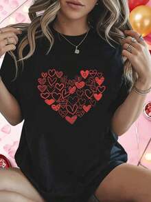 Women's T-Shirt With Romantic Heart Collage Graphic Print For Valentine's Day | Casual Short-Sleeve Crew Neck Top For Spring/Summer, Medium-Stretch Fabric | Adorable Animal Print | Fun Letter Print | Streetwear Style | Summer Outdoor Or Everyday Wear | Daily Wear For Sweet Girls Or Students | Cool And Breathable Summer Clothing - 黑色 - 查看 6