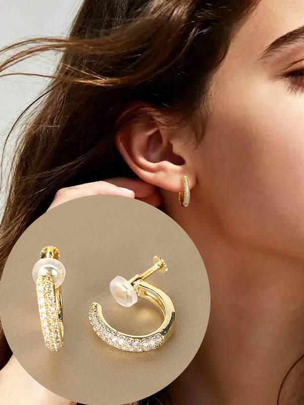 1 Pair Fashion New Cubic Zirconia Semi-Circle Copper Clip-On Earrings For Women, Adjustable Screw Earrings Without Piercing, Suitable For Daily Wear And Holiday Gifts