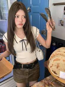 女士甜美短袖T恤，修身短袖针织上衣，白色夏季款 - 白色 - 查看 1