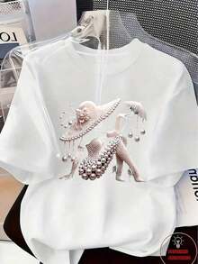 New Spring/Summer 2026 Collection: Elegant, Luxurious, And High Fashion Clothing! Women's Printed T-Shirt – Adorned With Pearl And Crystal Patterns, Vintage Tropical Style, Breathable And Comfortable - 白色 2 - 查看 1