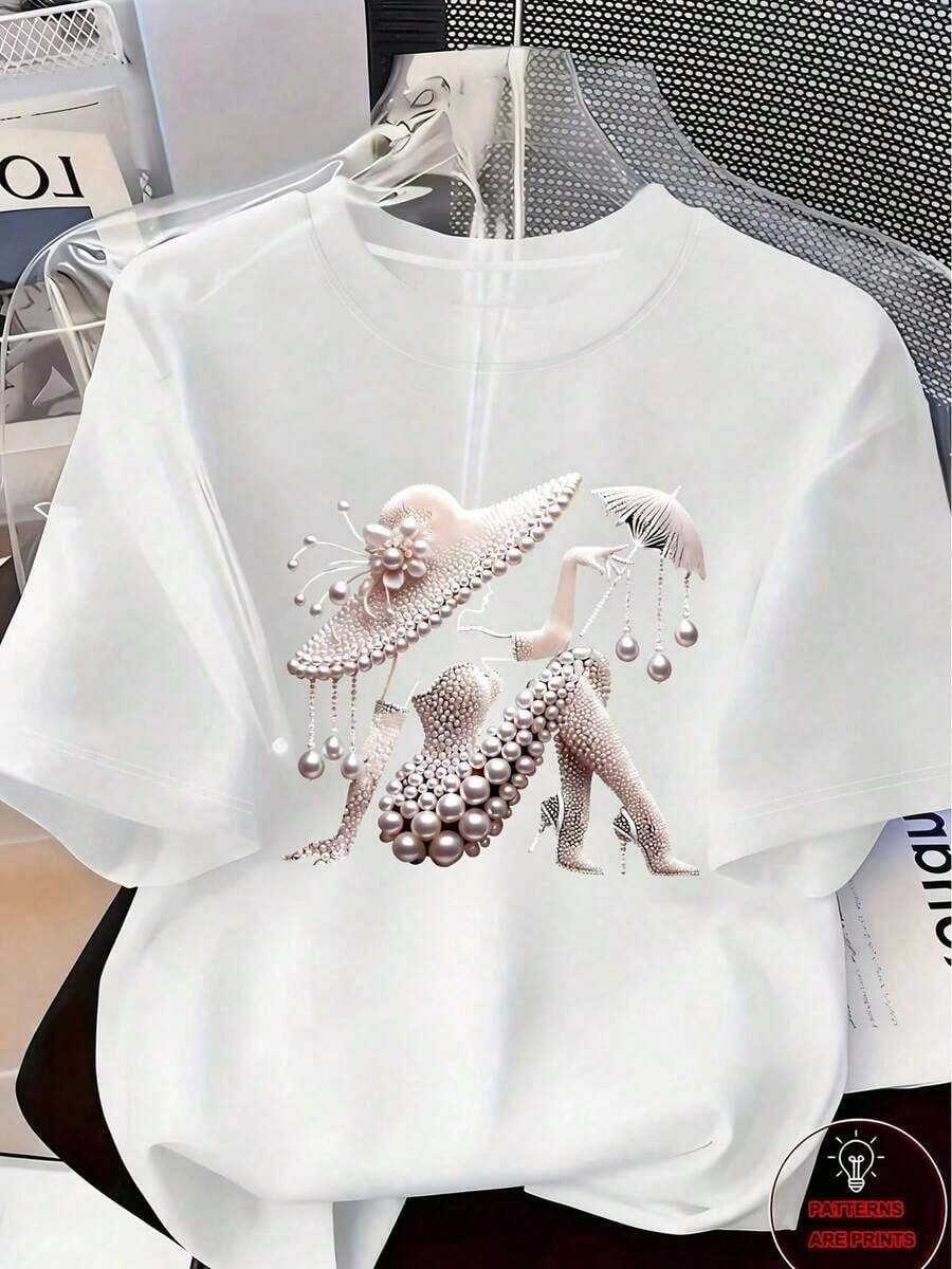 New Spring/Summer 2026 Collection: Elegant, Luxurious, And High Fashion Clothing! Women's Printed T-Shirt – Adorned With Pearl And Crystal Patterns, Vintage Tropical Style, Breathable And Comfortable - 白色 2 - 查看 1