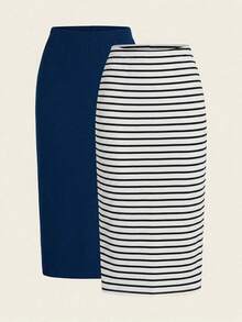 2 piezas Conjunto de falda casual de mujer a rayas y de unicolor, Conjunto a juego, Falda, Faldas para mujer, Falda a rayas, Casual - Azul y blanco - Ver 3