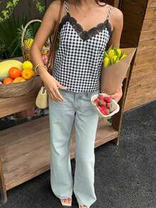 Frenchy Camis Malla en contraste Bordado Liso Elegante - Negro 2 - Ver 6