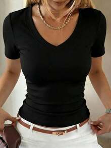 Camiseta de mujer de unicolor, cuello de pico, ajustada, con pliegues y manga corta, para verano - Negro 9 - Ver 6