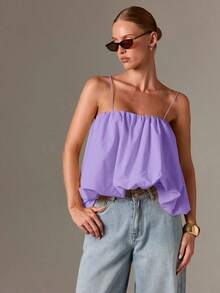 Top de camisola fruncido estilo bohemio con bajo abombado y tirantes ajustables para un estilo casual de verano - Lila Púrpura - Ver 3