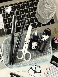 1 Set Black Cat Themed Stationery Set: Ballpoint Pen + Scissors + Correction Tape + Eraser + Sticky Notes, Cute Ins Style Student Stationery Gift Box, Back To School Essential, Stationery Gift Set, Adorable Cartoon Stationery Set - Sets - View 2