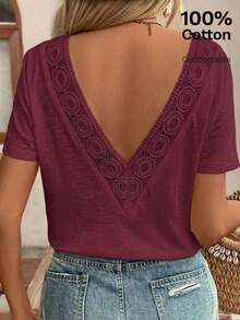 Top con espalda al descubierto y encaje entrelazado, camiseta, blanco imprescindible, conjunto de verano, imprescindible de la temporada de bodas, estilo francés - Burdeos - Ver 1