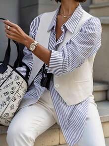 Chaqueta sin mangas minimalista y sencilla para mujer para usar a diario en otoño - Blanco - Ver 6