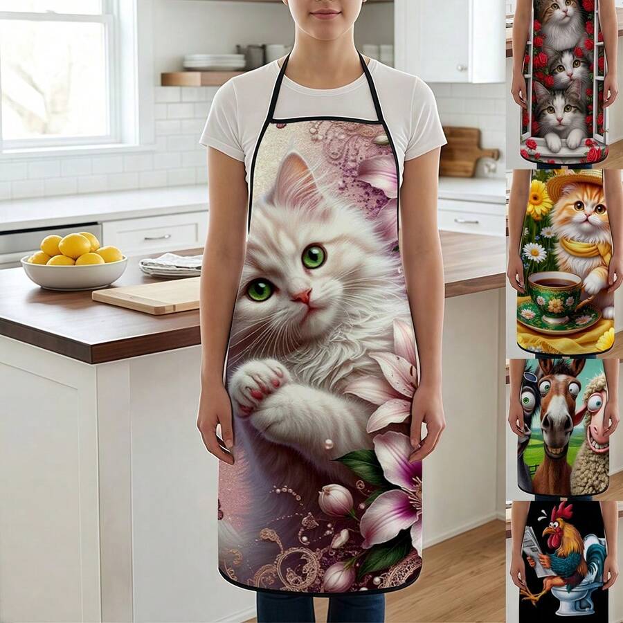 1 pieza, Delantal de poliéster con diseño de gato cocinero y girasol, adecuado para cocinar, hornear y jardinería - se puede usar como atuendo para la cocina y el comedor - Multicolor - Ver 1