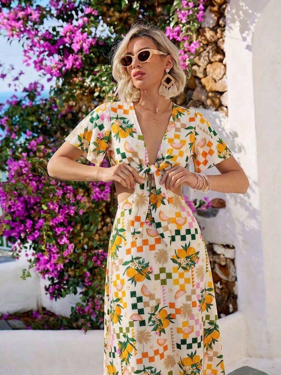 Vestido largo estilo maxi para verano con escote en V profundo, cierre delantero, abertura en la cintura y bajo con abertura - amarillo ganso - Ver 1