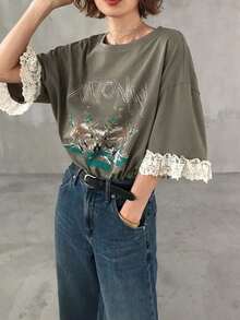 Camiseta de manga corta para mujer con ajuste holgado, estampado de letras, parches de encaje, de mezcla de algodón transpirable, versátil para primavera/verano - Verde militar - Ver 9