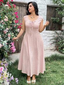 Vestido casual de línea A con cintura ceñida y mangas cortas con lunares para tallas grandes - Beis - Ver 7