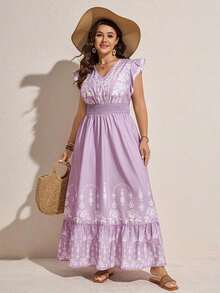 Vestido largo de tela texturizada con dobladillo fluido para mujer de talla, vestido de verano para graduación, 4 de julio, vestido maxi blanco para graduación, vestido maxi rojo con volantes, vestido casual para mujer, vestido casual rojo con volantes, vestido de vacaciones, ropa occidental para mujer, ropa urbana vintage para mujer, vestido maxi casual rojo con volantes, vestido maxi de verano, vestido de vacaciones rojo, atuendos festivos para mujer - Púrpura malva - Ver 4