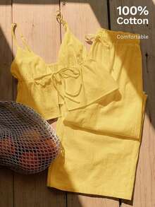 2 piezas de top de tirantes y pantalones de lino de verano para mujeres - Amarillo - Ver 10