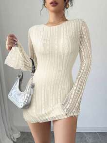mini ajustado de encaje de estilo elegante, romántico y sexy para mujer, adecuado para fiestas, vacaciones, vuelta al colegio, citas románticas, bodas y cumpleaños - Manga larga - Albaricoque - Ver 3