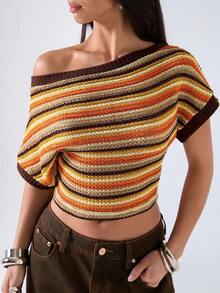 Blusa de malla ajustada con mangas de murciélago, cuello irregular, estampado de rayas y bloques de color, estilo casual de playa y vacaciones para mujer - Multicolor 4 - Ver 7