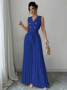 Mono plisado con diseño de chaleco cruzado elegante para mujer, color albaricoque, para primavera y otoño - azul real - Ver 5