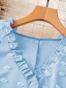 Blusa sin mangas de talla grande para vacaciones casuales con parches de puntitos suizos de mezcla de estilos y dobladillo con volantes - Azul - Ver 3