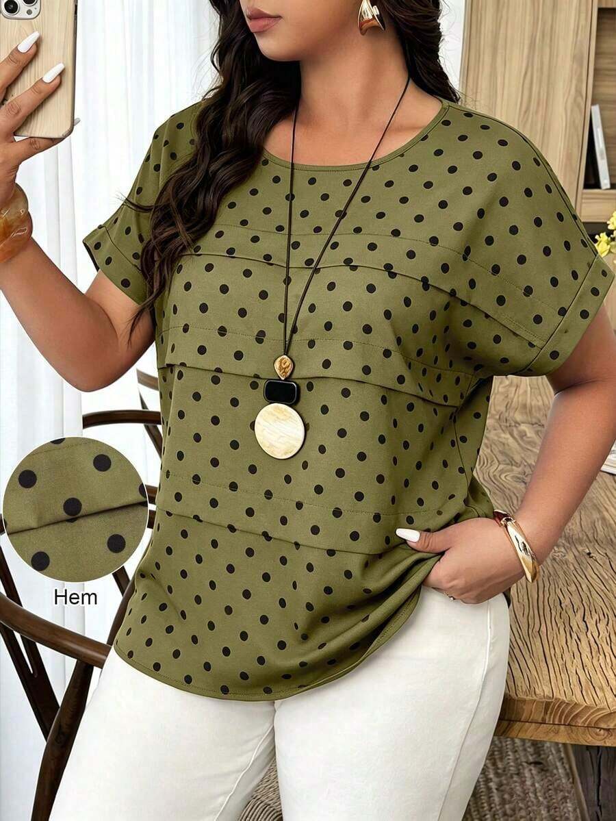 Blusa holgada de mujer talla grande con cuello redondo, mangas de murciélago y lunares en contraste, adecuada para uso diario y vacaciones, primavera/verano - Multicolor - Ver 1