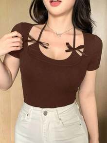 Camiseta de manga corta de ajuste ceñido, casual y sexy con decoración de lazo en el cuello halter para mujer - Marrón - Ver 2