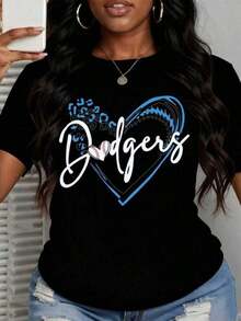 Women's Plus Size Cotton Graphic T-Shirt, Dodgers Baseball T-Shirt With Heart Print, Soft Cotton, Casual Crew Neck, Versatile Top, Gift Idea For Sports Fans And Everyday Wear, Y2K, Men's Oversized T-Shirt, Summer Tops - 黑色 - 查看 8