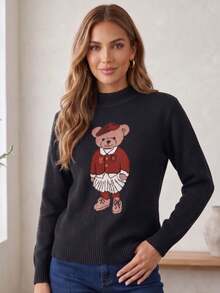 Women's Bear Modal Knit Sweater, Teddy Bear Design, Long Sleeve, High Neck, Casual Ribbed Knit, Autumn/Winter Style. - Navy Blue - View 7