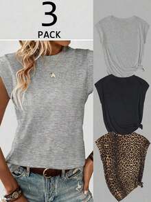 Set de 3 piezas Traje informal de chaleco con decoración de conchas marinas para mujer talla grande, adecuado para vacaciones de verano - Multicolor 2 - Ver 2