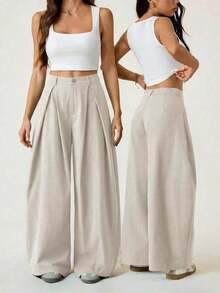 Pantalones anchos de verano con dobladillo curvo verde, estilo vintage, casual y para salir - Beis - Ver 2