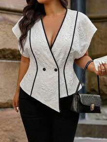 Camisa elegante de mujer talla grande con cuello en V, bajo asimétrico, diseño de rayas y parches, con encaje transparente en la parte delantera, adecuada para uso diario, oficina y citas, primavera/verano - Albaricoque - Ver 3