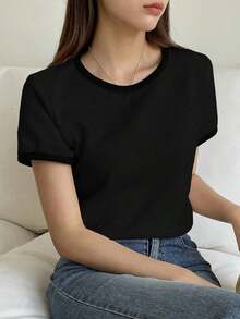 Camiseta de manga corta de cuello redondo con detalle de contraste, de estilo casual y sencillo - Negro - Ver 4
