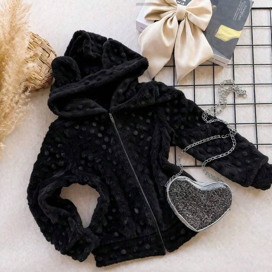 Children's Hooded Jacket With Ears - Cold Weather Fashion Blogger Autumn Winter - Negro - Ver 1