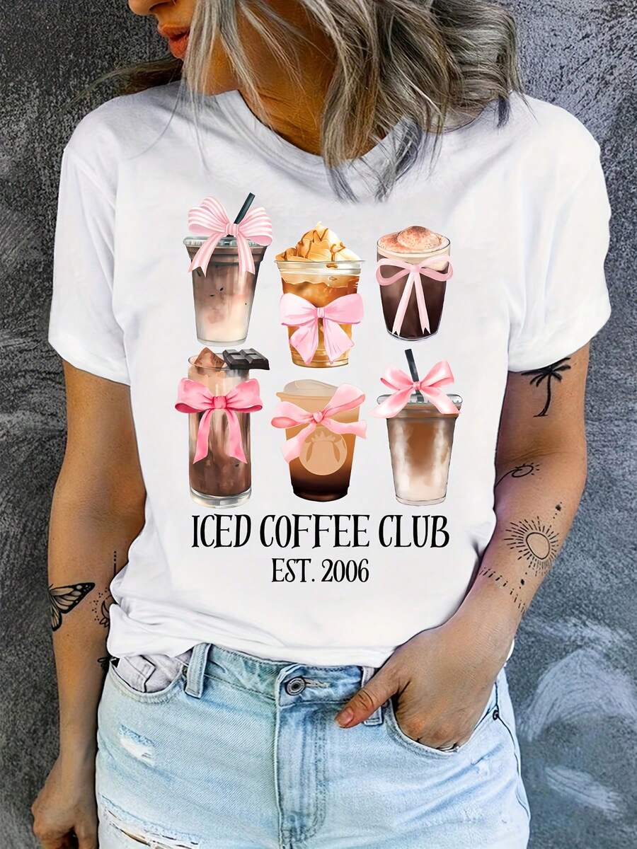 Camiseta Ice Coffee Club con estampado rosa y lazo - [Blanco] - Ver 1