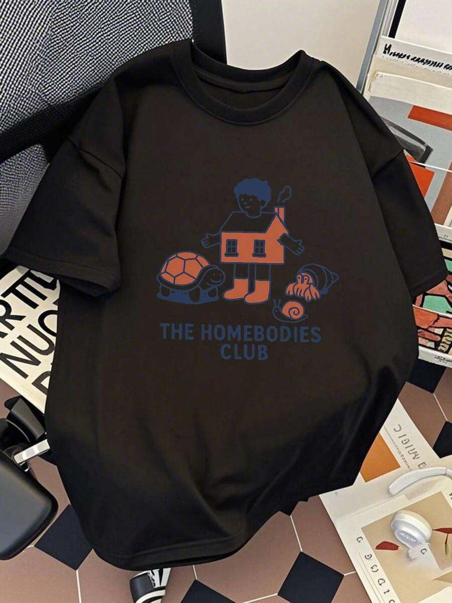 Men's Casual Short-Sleeved T-Shirt, 100% Cotton, With A Humorous 'Home Lovers Club' Design, Designed For A Relaxed Fit With A Round Neck And Jersey Style, Offering Slight Stretch For Added Comfort, Perfect For Everyday And Leisure Activities. - 黑色 - 查看 1