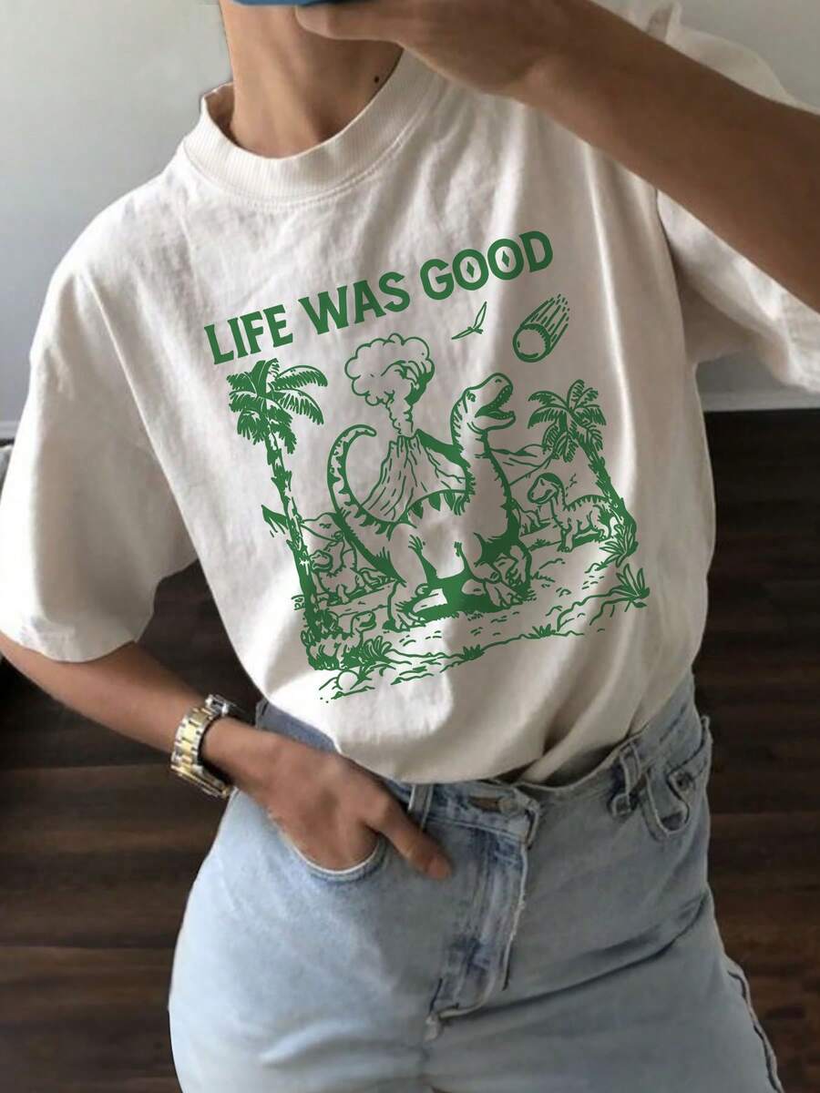 Women's Graphic Print T-Shirts, Short Sleeve Round Neck T-Shirt, Casual Top For Summer And Spring, Women's Clothing, Casual Blouses For Ladies. - 白色 - 查看 1