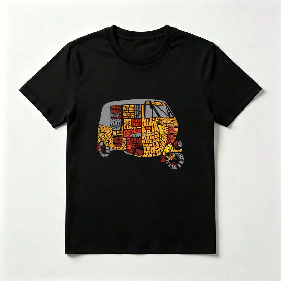Tuk-Tuk de Letras Playera de Algodón Negro Creativa Colorida - Negro - Ver 1