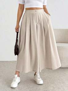 Pantalones/faldas cortas plisadas de cintura elástica, cómodos y sueltos, de estilo básico y versátil, para uso diario, que estilizan la figura, en color albaricoque, para mujeres de talla grande, para primavera/verano - Caqui - Ver 6