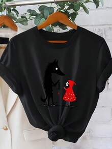 Camiseta para mujer con estampado de ilustración de Caperucita Roja y el Lobo, estilo dulce y aireado de primavera/verano 2026, manga corta, atuendo casual, top de ajuste holgado, tema de cuento de hadas lindo, diseño moderno y versátil, ropa de mujer S-XXL - Negro - Ver 1