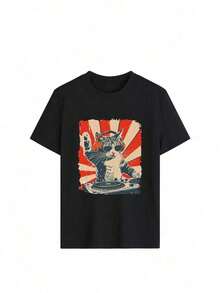 Vestido Camiseta de Manga Corta con Cuello Redondo y Estampado Gráfico de Gato para Amantes de la Música, Estilo Casual Minimalista para Mujer, Negro, Verano - Negro - Ver 2