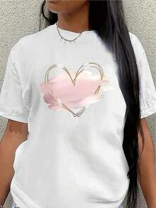 This Lightweight And Durable Short-Sleeved T-Shirt With A Pink Heart Design Is Perfect For Lounging At Home, Going To Cafes, Or Wearing To The Office. Made From A Soft And Comfortable Fabric, It's Suitable For Everyday Wear. - 白色 - 查看 7