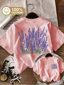 [Double-Sided Print] Women's Summer Casual Top, Hand-Painted Lavender Style, Sheer Short-Sleeve T-Shirt With Round Neck And Lavender Bouquet [Ling K] - 白色 - 查看 7