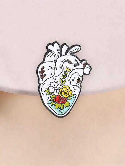 Gothic Aesthetic Flower & Anatomy Heart Pin, Unique Jewelry Accessory, Perfect For Gothic Lovers, Stylish And Eye-Catching Design